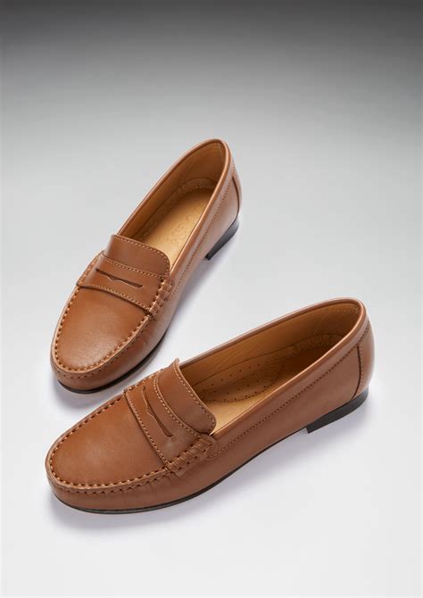 women s penny loafers leather sole tan leather hugs and co