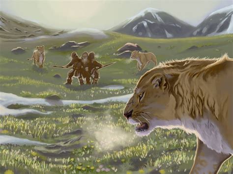 A Group Of Humans Surrounded By A Pride Of Cave Lions In Ice Age
