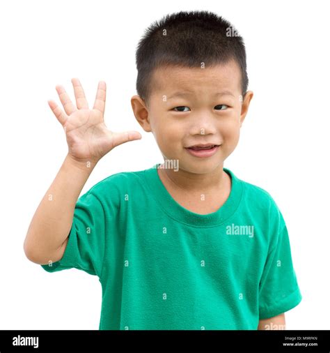 Asian Child Showing Number Five Hand Sign Portrait Of Young Boy