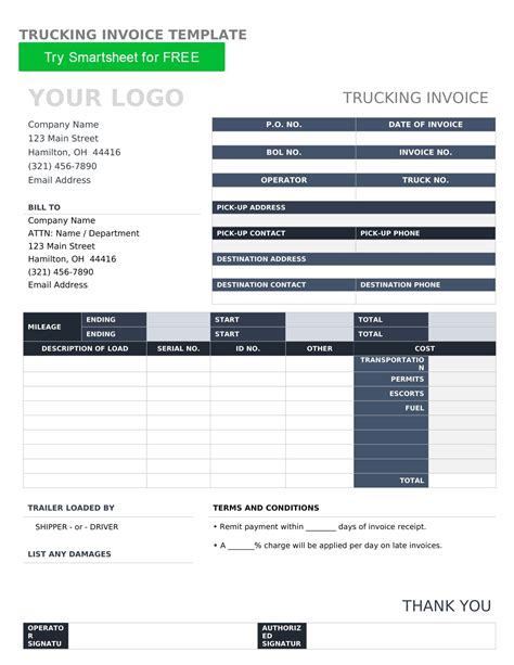 Free Printable Trucking Invoice Templates Excel Sample