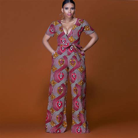 Women Traditional African Dashiki Print Suit Waist Belt Pants V Neck Jumpsuit Clothing Shoes