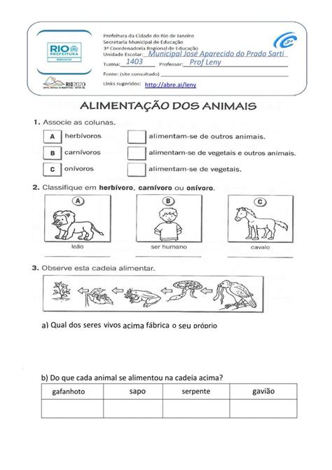 Alimentacao Dos Animais Interactive Worksheet Workbook School