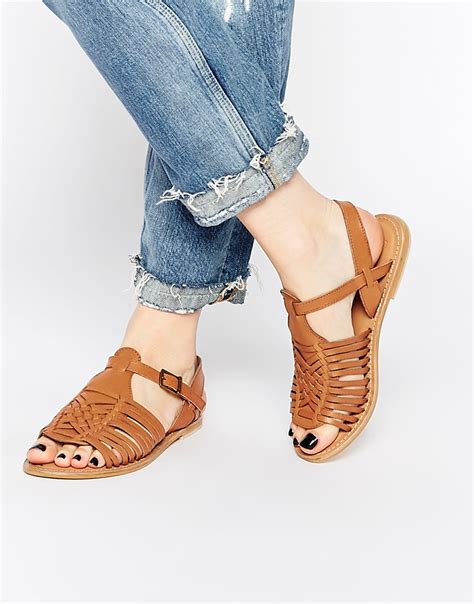 Lyst Asos Forest Leather Flat Sandals In Brown