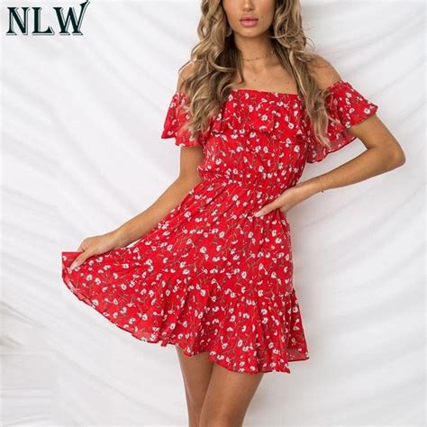Nlw Red Floral Print Mini Dress Ruffle Off Shoulder Summer Dress 2018