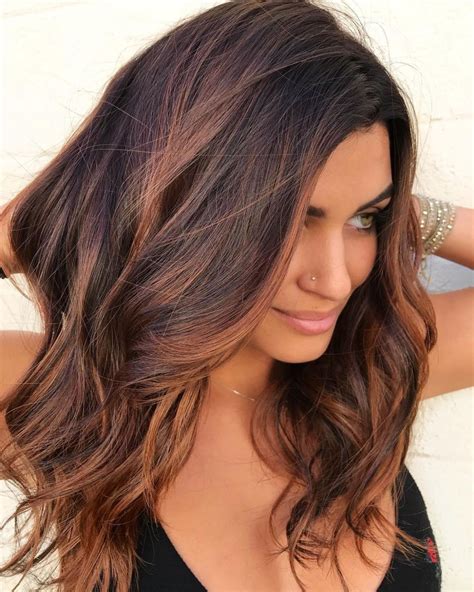 Chocolate Cherry Balayage Hair Color For Tan Skin Brown Hair With