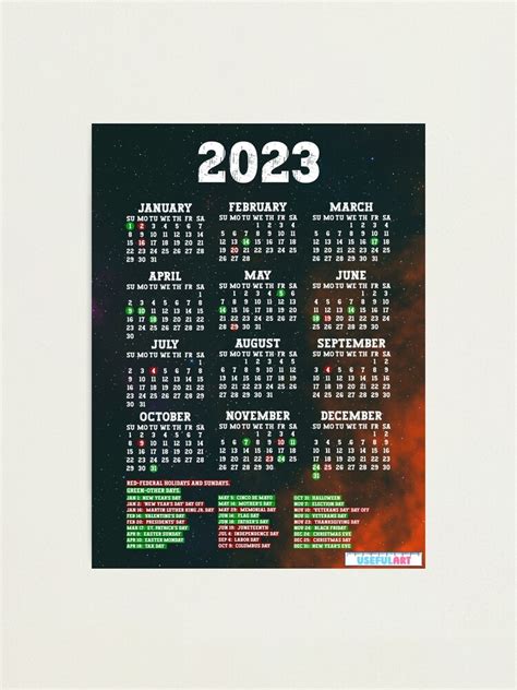 Lámina Fotográfica Calendario De Estados Unidos 2023 Con DÍas Festivos No9 De Usefulart Shop
