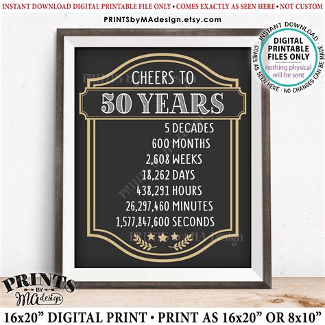 Printable 50th Birthday Sign Cheers To Fifty Years Ch