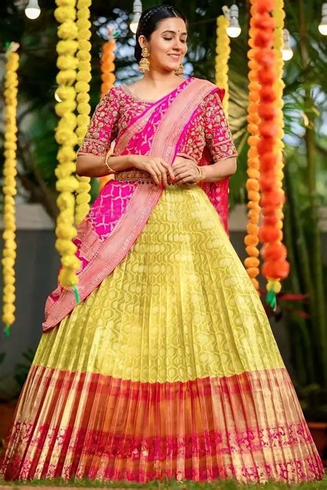 Mustard Yellow Pink Traditional Half Saree Set Anju Shankar