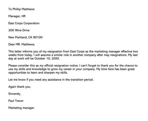 Employer 2 Week Notice Examples Letter