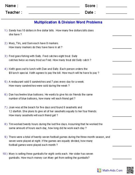 Word problem with multiple decimal operations: Multiplication and division story problems worksheets