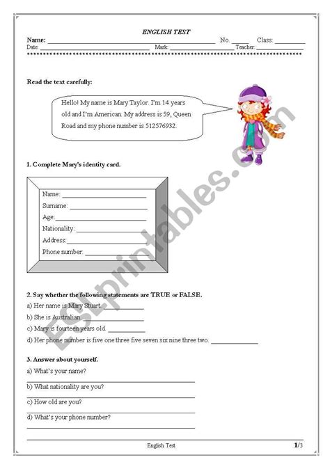 Test Reading Exercises Personal Information Personal Pronouns Verb