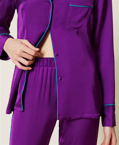 Mannish Satin Pyjamas With Feathers Woman Purple Twinset Milano