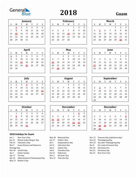 Free Printable 2018 Guam Holiday Calendar