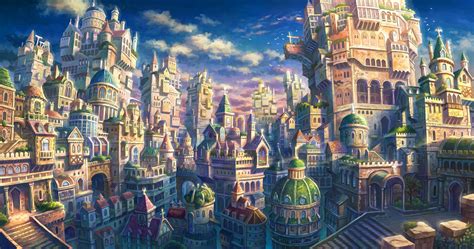 Download 1600x900 Fantasy City Castle Buildings Scenic Clouds