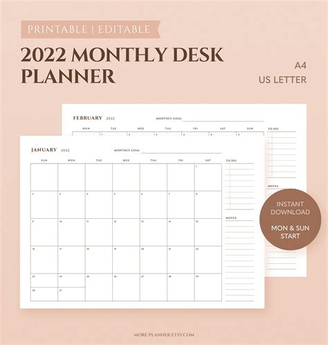 A4 Monthly Desk Calendar 2022 Printable Us Letter Size Etsy