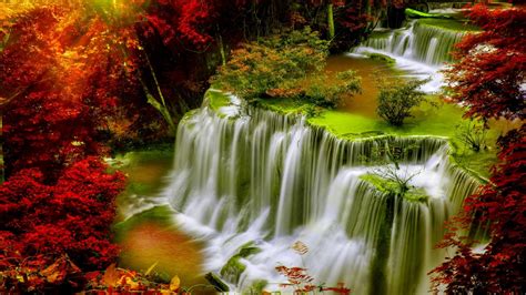 Cascade Falls Autumn Forest Red Leaves Sunlight Desktop Hd Wallpaper