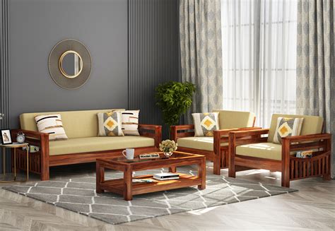 Want to buy sofa set? Buy Sereta Wooden Sofa Set (Honey Finish) Online in India ...