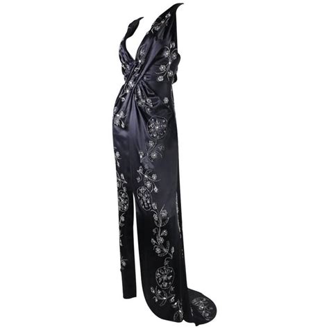 2000s Emanuel Ungaro Beaded Satin Gown Floral Evening Dresses