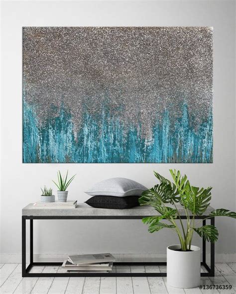 Glitter Art Canvas Teal Abstract Silver Glitter Painting