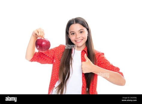 Fresh Big Red Apple Teenager Girl Hold Apples On White Isolated Studio