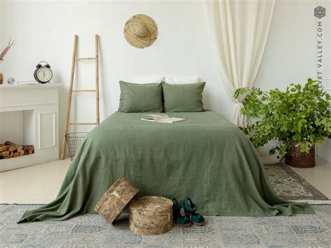 Moss Green Linen Bedspread Olive Green Kingqueen Size Bed Etsy