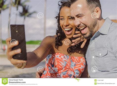 Diverse Bright Couple Taking Selfie Stock Image Image Of Park Cheerful 113311687