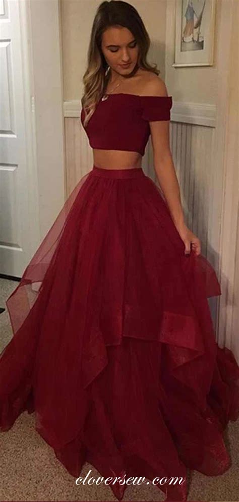 Dark Red Two Piece Off The Shoulder A Line Prom Dressescp0219 Clover