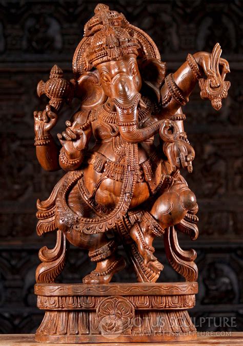 Sold Wooden Ganesh Statue Dancing Holding Goad Noose Mango And His