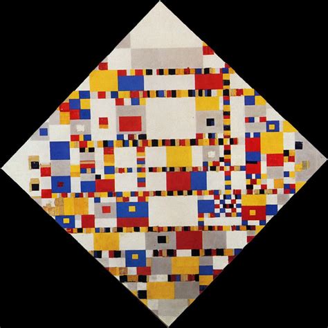 An Abstract Painting With Squares And Rectangles In Yellow Red Blue