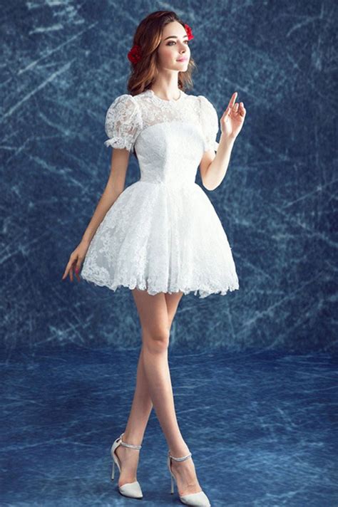 Short wedding dresses look undoubtedly chic paired with a veil and your desired clutch of blooms. Cute High Neck Puff Sleeve Vintage Lace Short Garden Beach ...