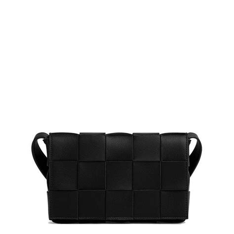 Black Leather Cross Body Bag With Intreccio Pattern