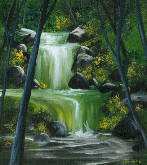 A Painting Of A Waterfall In The Woods
