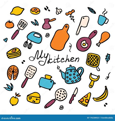 Hand Drawn Set Of Kitchen Items Doodle Icons Of Kitchen Appliances