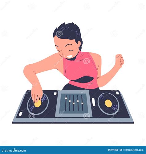 Happy Girl Dj Mixing Modern Music At Console Mixer At Party Cartoon