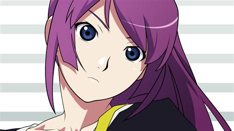 1048838 monogatari series anime anime girls blue eyes purple hair smiling cartoon