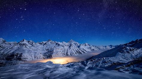 2560x1440 Starry Night Snow Covered Mountains 4k 1440p Resolution Hd 4k