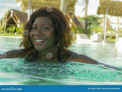Happy And Beautiful Black African American Woman In Bikini Having Fun