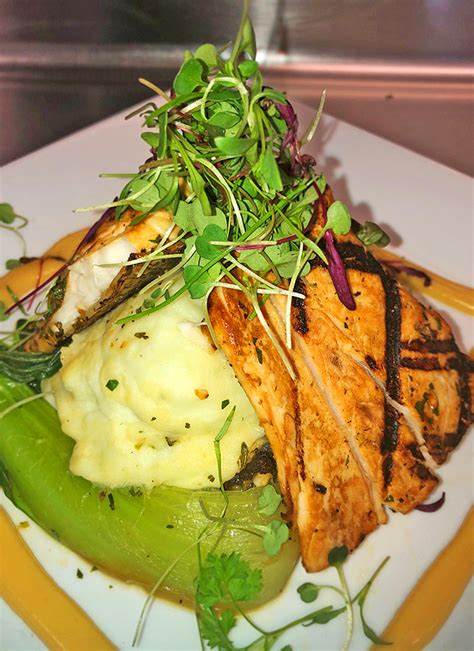 Kampachi sashimi with spicy seed sauce. Grilled Kampachi Served with wasabi mashed potatoes baby ...