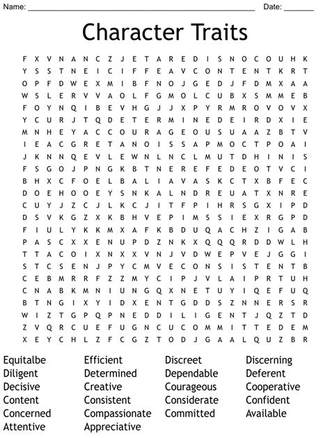 Character Traits Word Search Wordmint