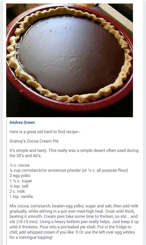 Filling grannys holes with a cream pie. Granny's Cocoa Cream Pie (With images) | Chocolate pie ...