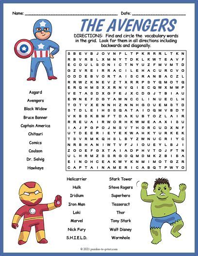 Free Printable The Avengers Word Search Kids Word Search Childrens