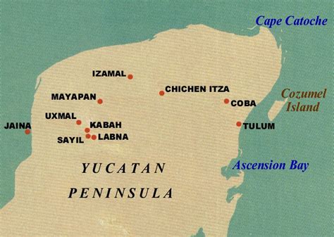 Map Showing The Locations Of The Major Mayan Cities Of Northern Yucatan