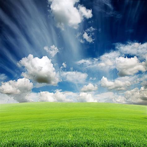 Cloudy Sky With Green Grass Meadow Stock Image Image Of Natural