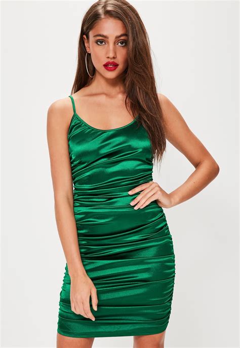 Missguided Green Satin Ruched Side Mini Dress High Neck Bodycon