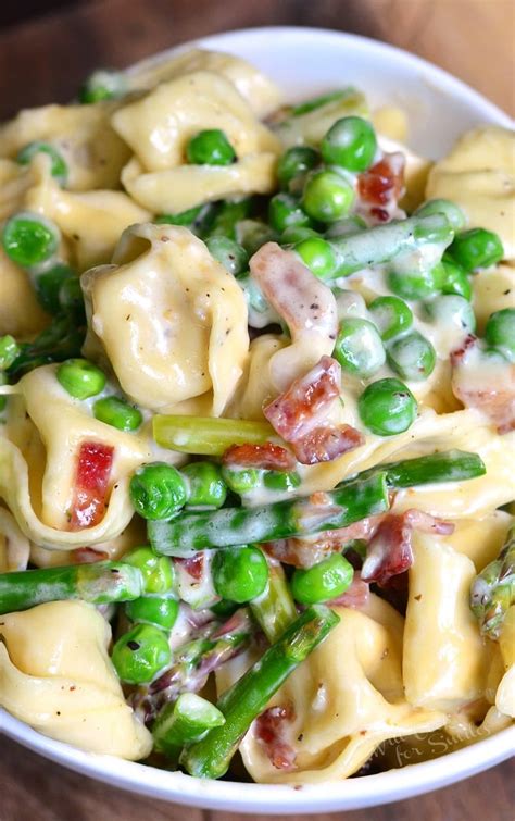 Cook 3 to 4 minutes or until softened and browned. Creamy Tortellini with Peas Asparagus and Bacon - Will ...