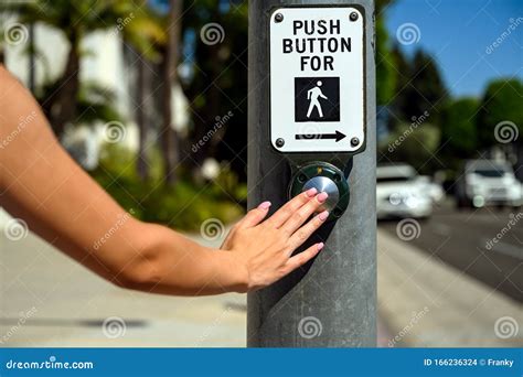 Push Button At Pedestrian Crossing Crosswalk Street Road Stock Photo