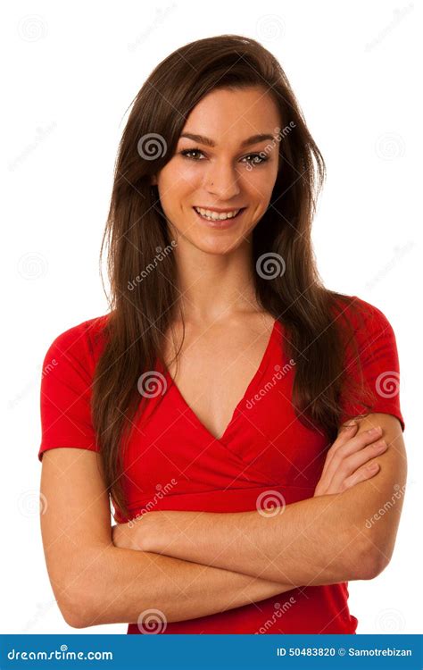 Beautiful Young Woman In Red Tshirt Isolated Over White Background