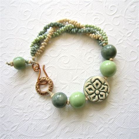 Artisan Ceramic Bead Bracelet Sea Green And Cream Bracelet Etsy