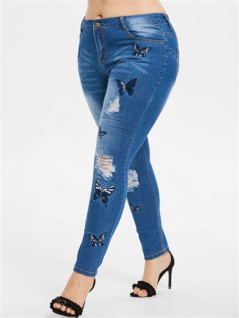 30 Off Plus Size Butterfly Embroidered Ripped Jeans Rosegal