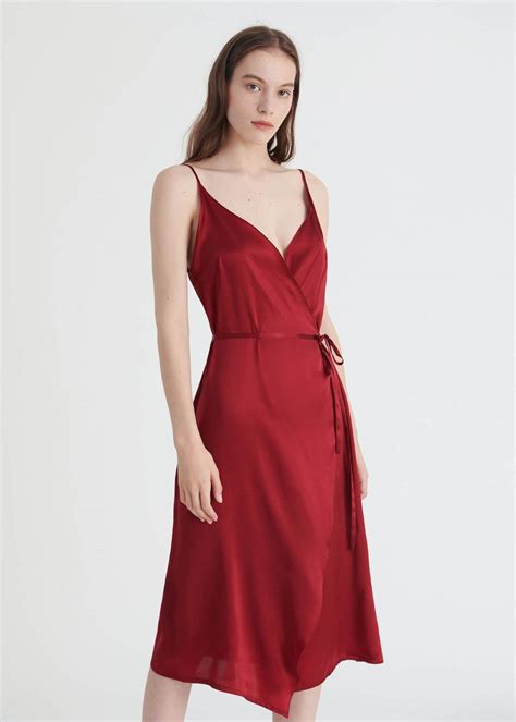 V Neck Tie Waist Silk Evening Dress Silk Dress Long Red Silk Dress